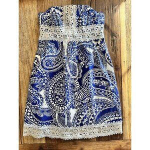 Lilly Pulitzer dress Sz 00 XXS Blue White Strapless Mini Lace Floral Paisley